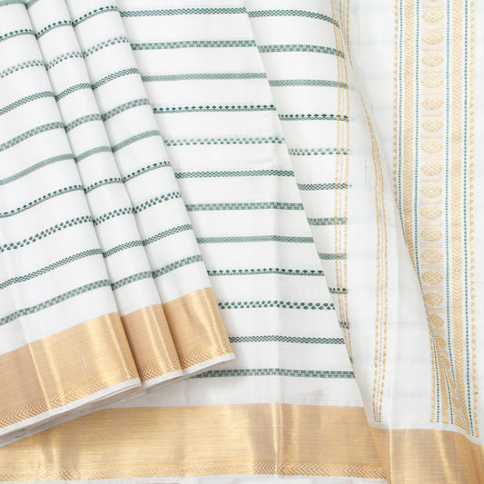 White Kanchipuram Silk Saree With Veldhari Stripes For Office Wear PV ABI 50991