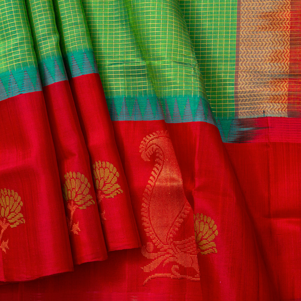 Green And Red Kanchi Silk Cotton Saree For Festive Wear VP SC 295