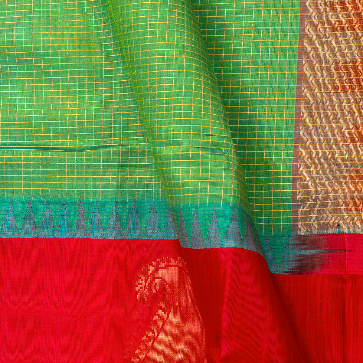 Green And Red Kanchi Silk Cotton Saree For Festive Wear VP SC 295
