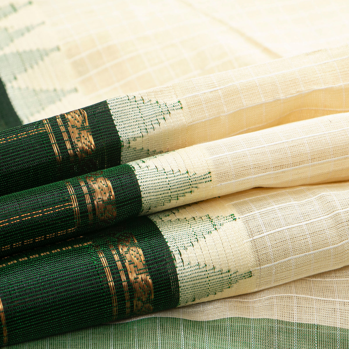 Off White And Green Kanchi Silk Cotton Saree For Festive Wear VP SC 249