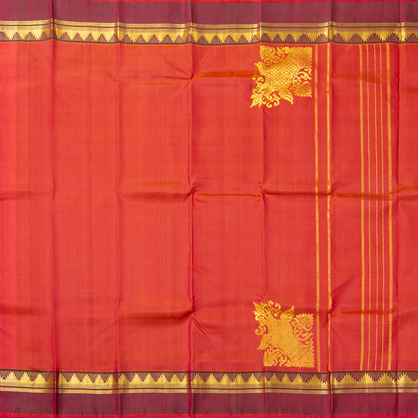 Orange Kanchipuram Silk Saree With Corner Ganda Berunda Motif For Festive Wear PV ABI 453