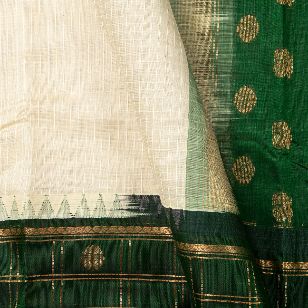 Off White And Green Kanchi Silk Cotton Saree For Festive Wear VP SC 249