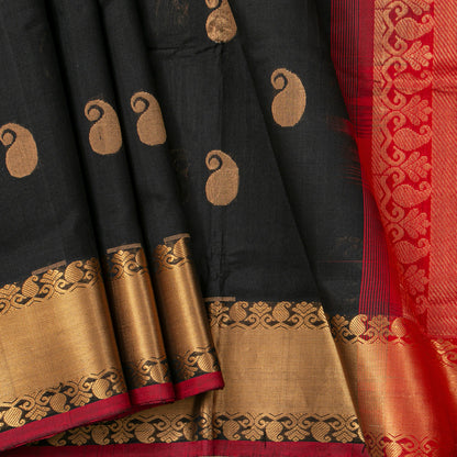 Black And Red Kanchi Silk Cotton Saree For Festive Wear VP SC 255