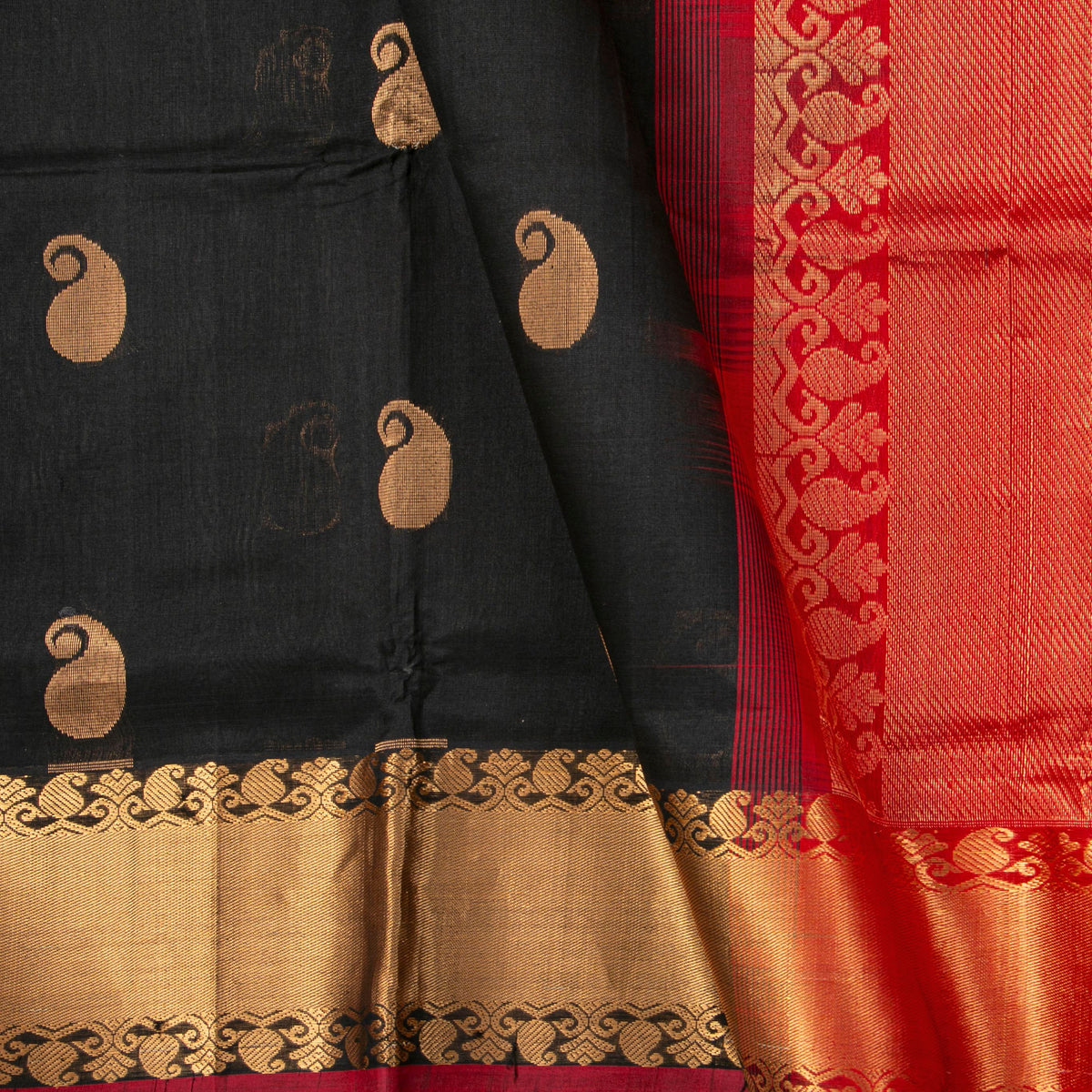 Black And Red Kanchi Silk Cotton Saree For Festive Wear VP SC 255