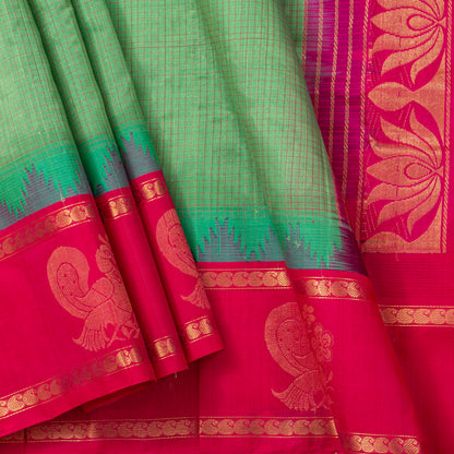 Green And Pink Kanchi Silk Cotton Saree For Festive Wear VP SC 253