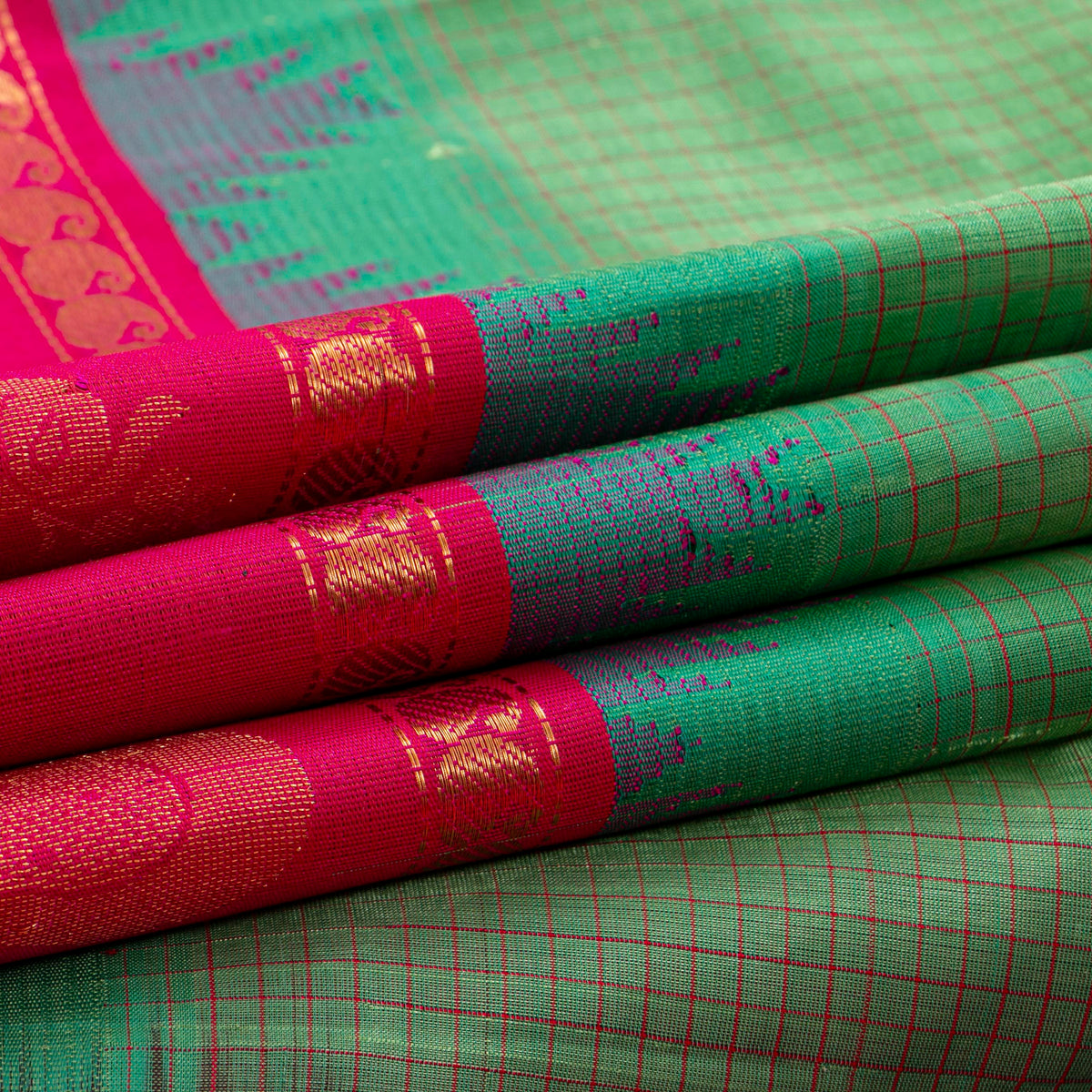 Green And Pink Kanchi Silk Cotton Saree For Festive Wear VP SC 253