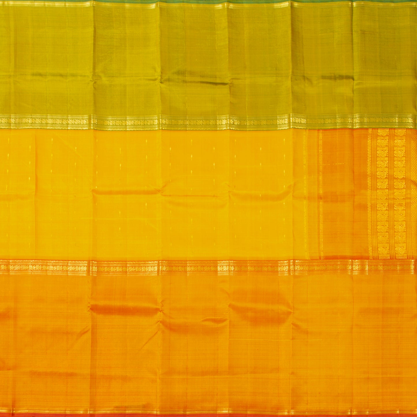 Green, Yellow And Turmeric Mubbagam Kanchipuram Silk Saree For Festive Wear PV ABI 445
