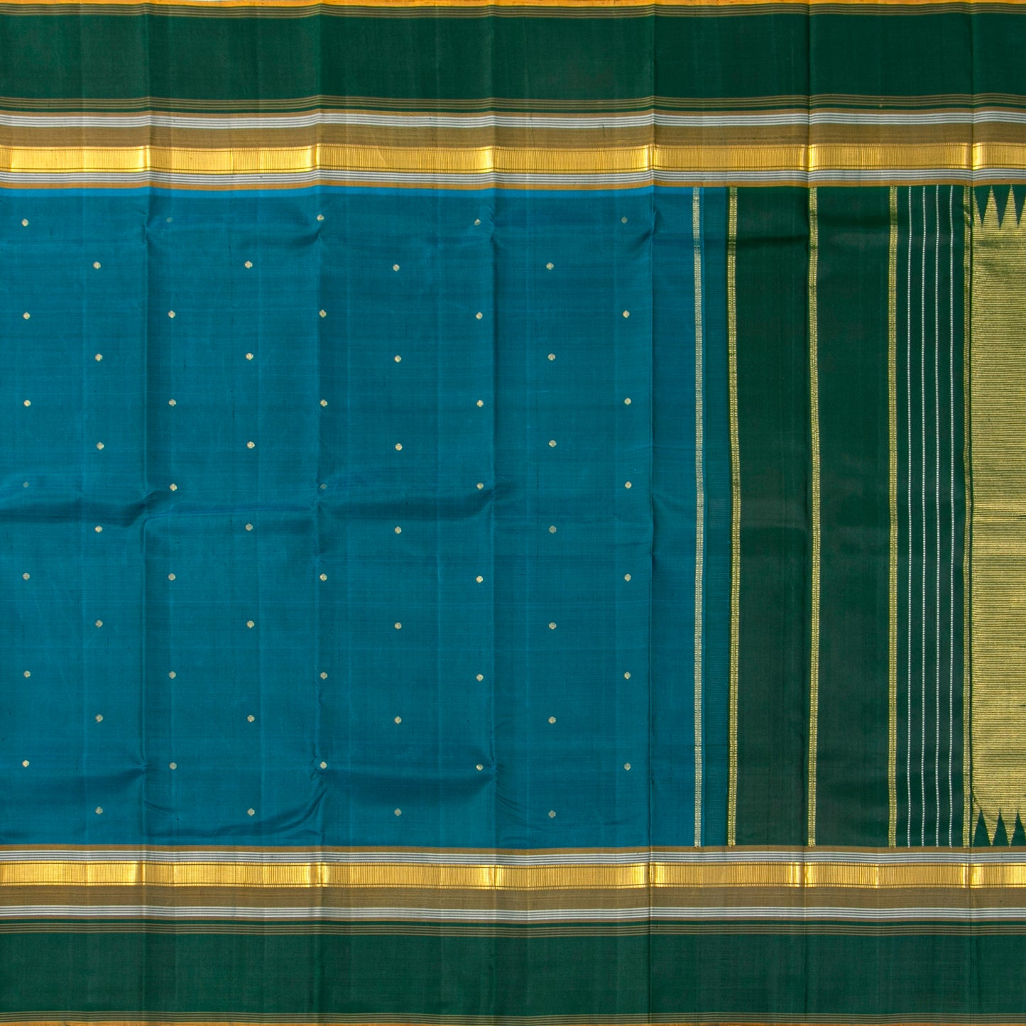 Teal Kanchipuram Silk Saree With A Green Border For Festive Wear PV ABI 50986