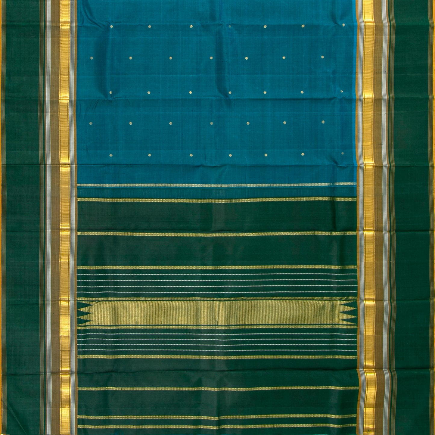 Teal Kanchipuram Silk Saree With A Green Border For Festive Wear PV ABI 50986