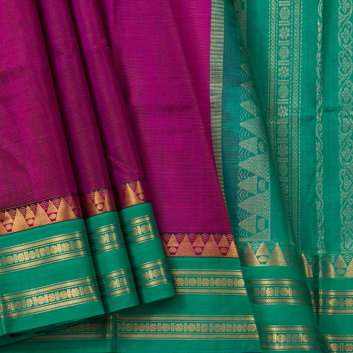Magenta And Teal Kanchi Silk Cotton Saree For Festive Wear VP SC 189