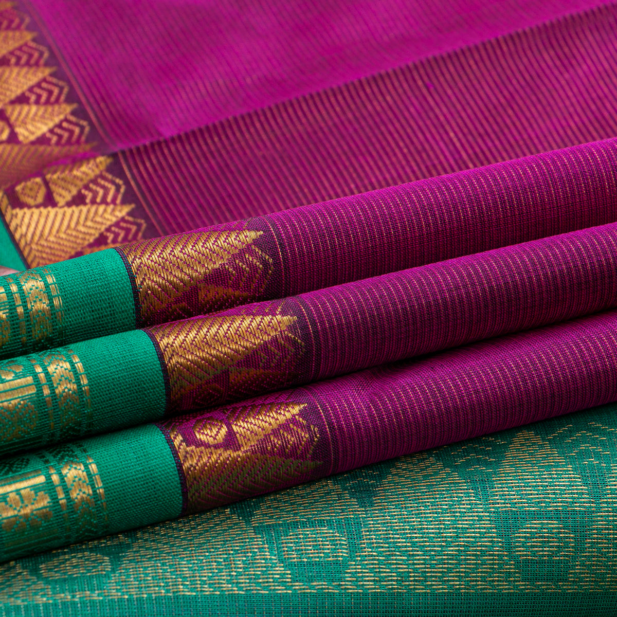 Magenta And Teal Kanchi Silk Cotton Saree For Festive Wear VP SC 189