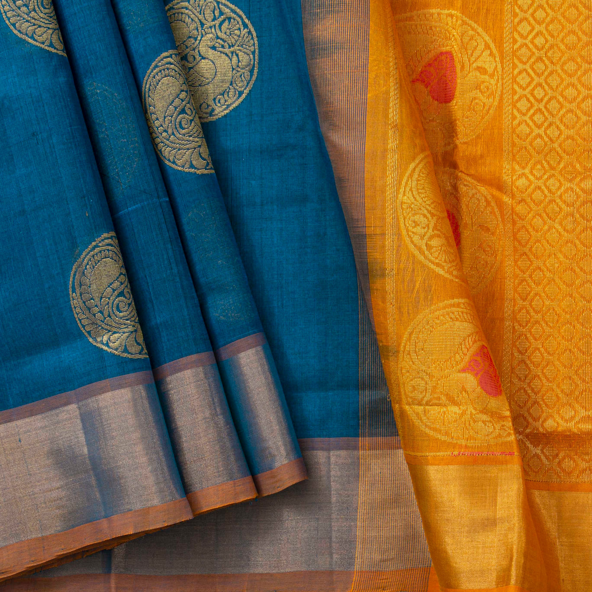 Blue And Mustard Kanchi Silk Cotton Saree For Festive Wear VP SC 262
