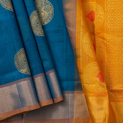 Blue And Mustard Kanchi Silk Cotton Saree For Festive Wear VP SC 262
