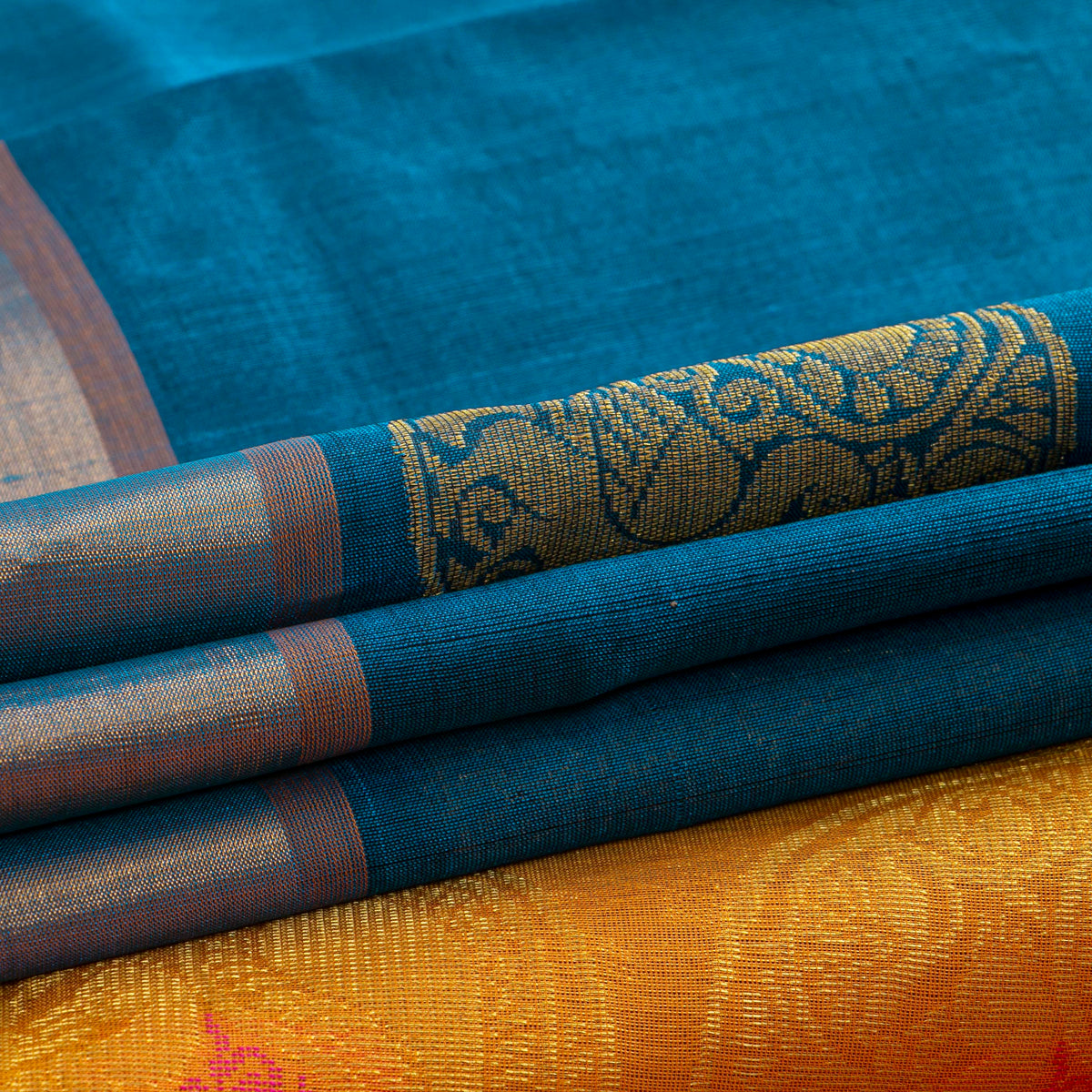 Blue And Mustard Kanchi Silk Cotton Saree For Festive Wear VP SC 262