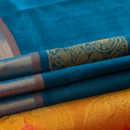 Blue And Mustard Kanchi Silk Cotton Saree For Festive Wear VP SC 262