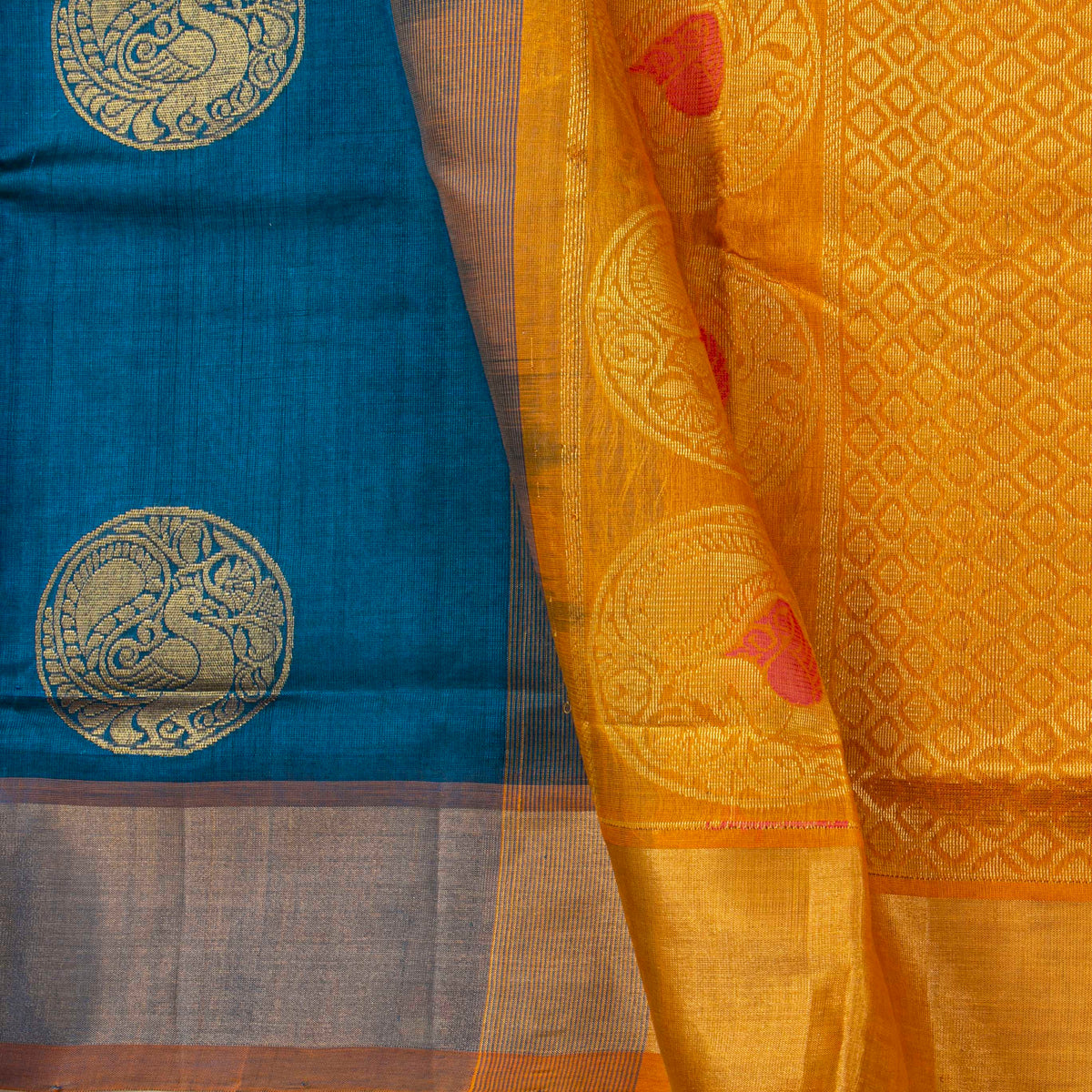 Blue And Mustard Kanchi Silk Cotton Saree For Festive Wear VP SC 262