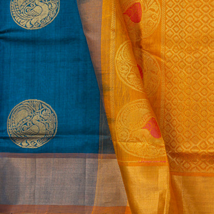 Blue And Mustard Kanchi Silk Cotton Saree For Festive Wear VP SC 262