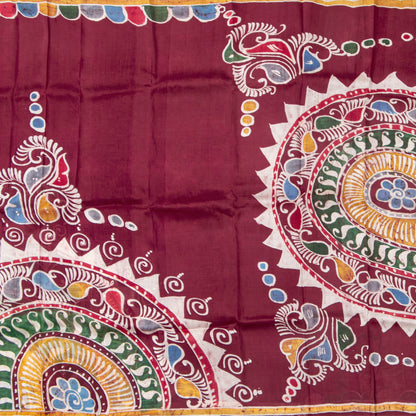 Burgundy Batik Silk Saree With Multicolour Designs For Office Wear PB 342