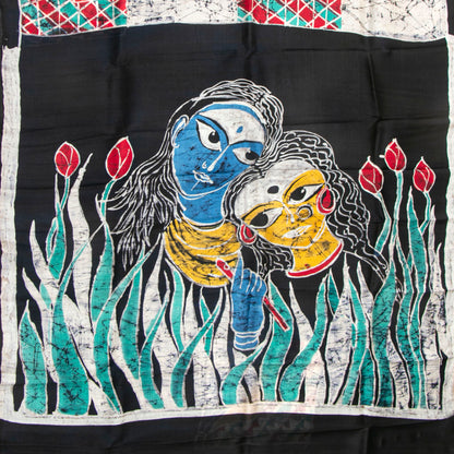 Off White And Black Batik Silk Saree Borderless And Lightweight For Office Wear PB 335
