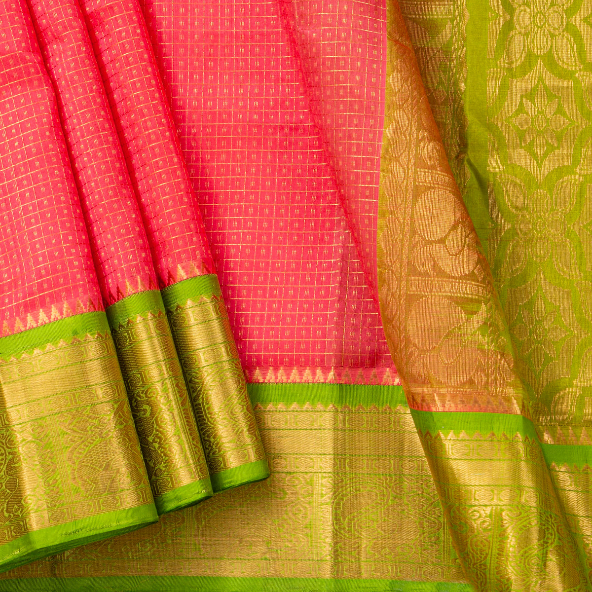 Peach And Green Kanchi Silk Cotton Saree For Festive Wear VP SC 180