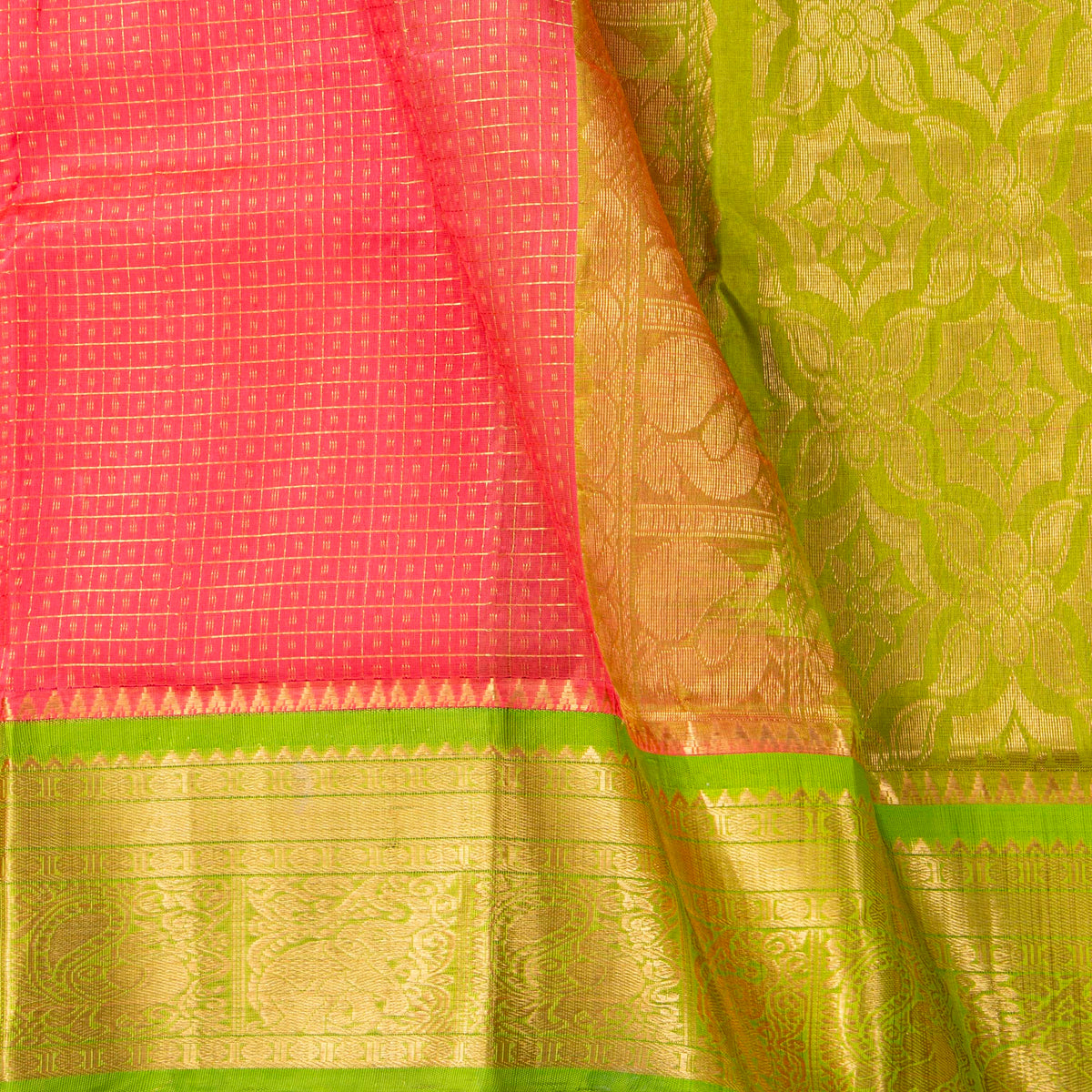 Peach And Green Kanchi Silk Cotton Saree For Festive Wear VP SC 180