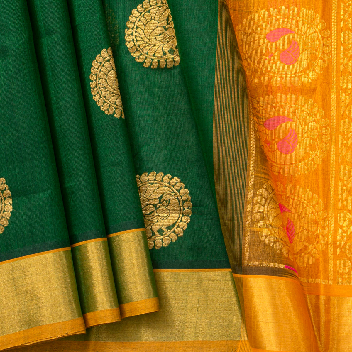 Green And Orange Kanchi Silk Cotton Saree For Festive Wear VP SC 266