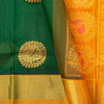 Green And Orange Kanchi Silk Cotton Saree For Festive Wear VP SC 266