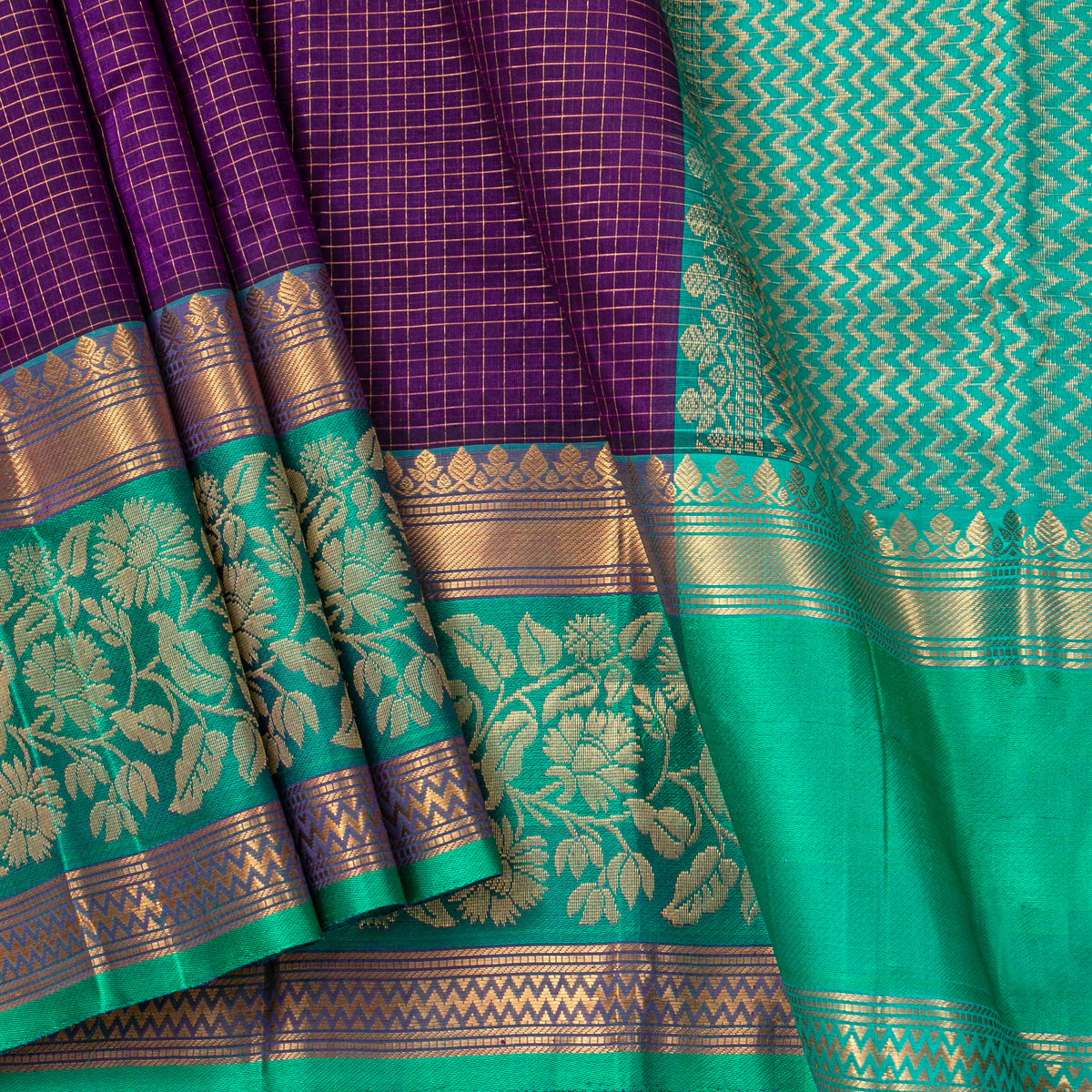 Purple And Teal Kanchi Silk Cotton Saree For Festive Wear VP SC 237