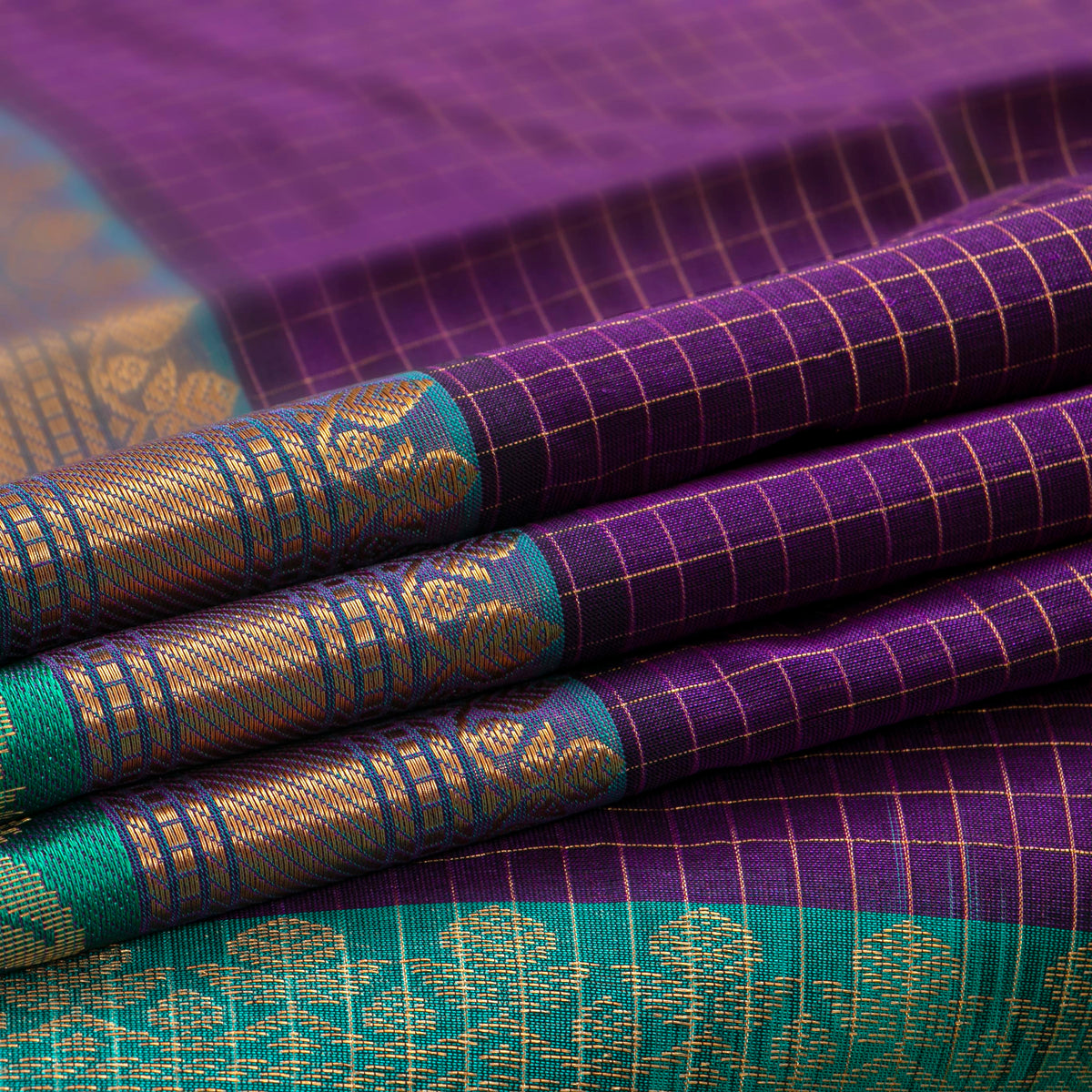 Purple And Teal Kanchi Silk Cotton Saree For Festive Wear VP SC 237
