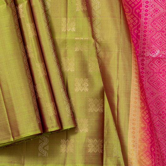 Green And Pink Borderless Kanchipuram Soft Silk Saree For Festive Wear PV RSP 169