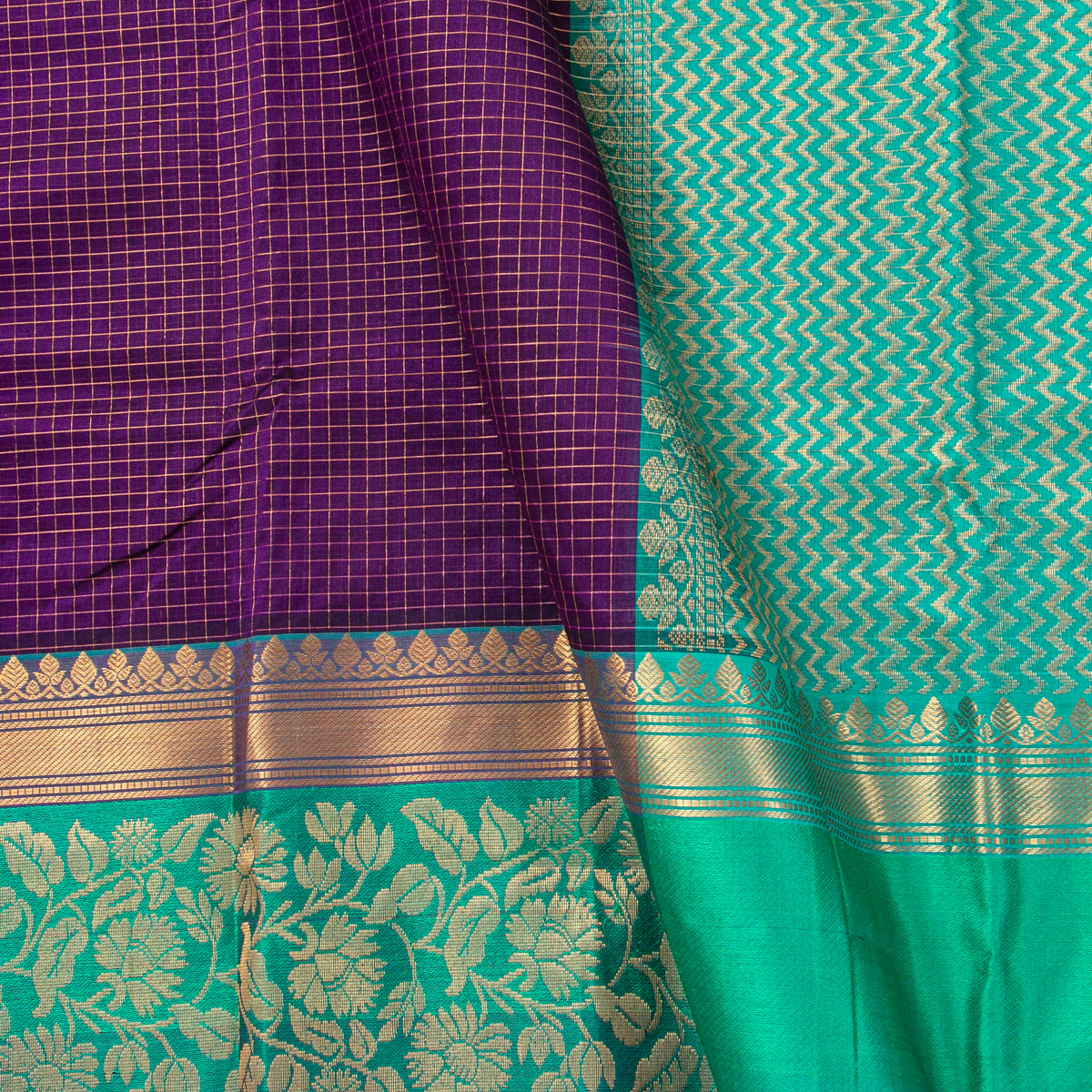 Purple And Teal Kanchi Silk Cotton Saree For Festive Wear VP SC 237