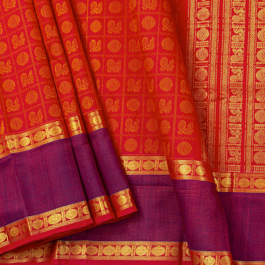 Red And Magenta Kanchi Silk Cotton Saree For Festive Wear VP SC 192