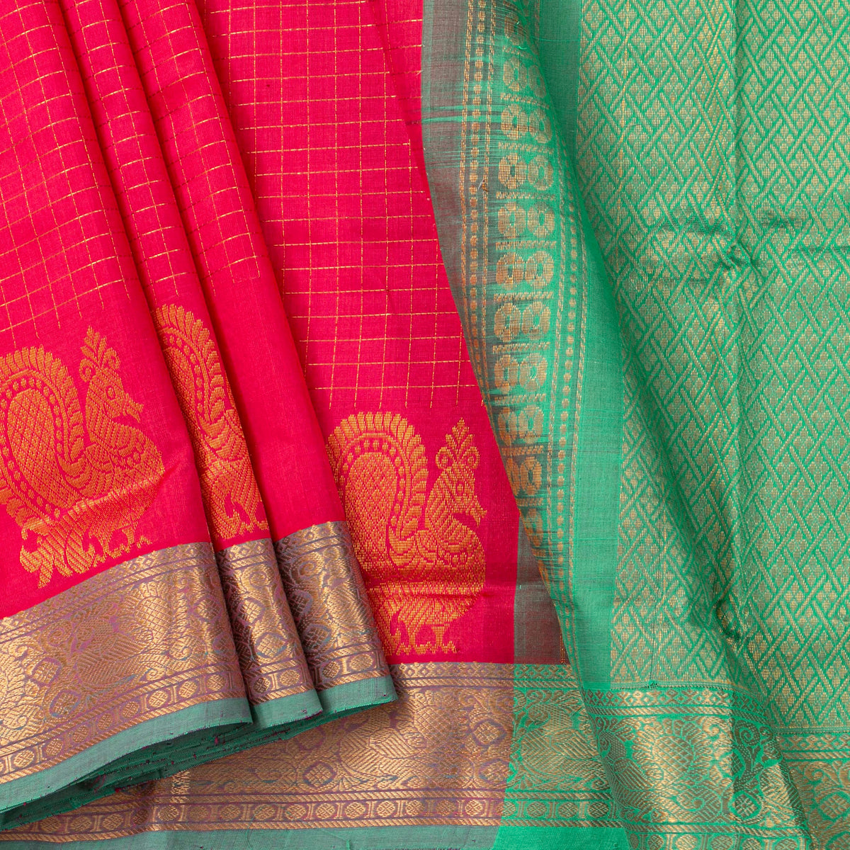 Pink And Sea Green Kanchi Silk Cotton Saree For Festive Wear VP SC 218