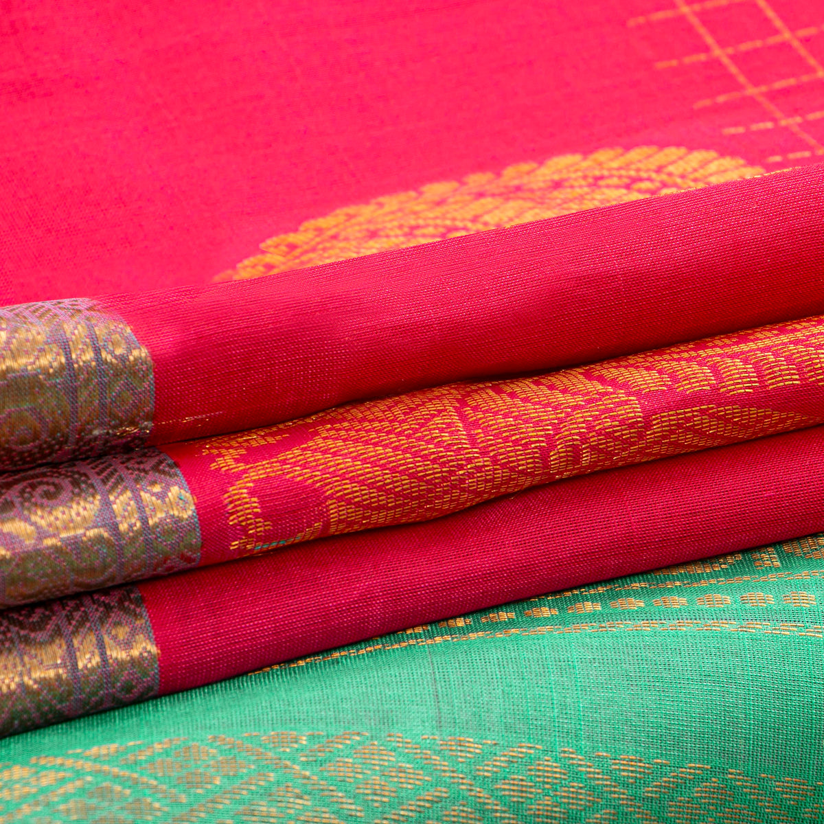 Pink And Sea Green Kanchi Silk Cotton Saree For Festive Wear VP SC 218