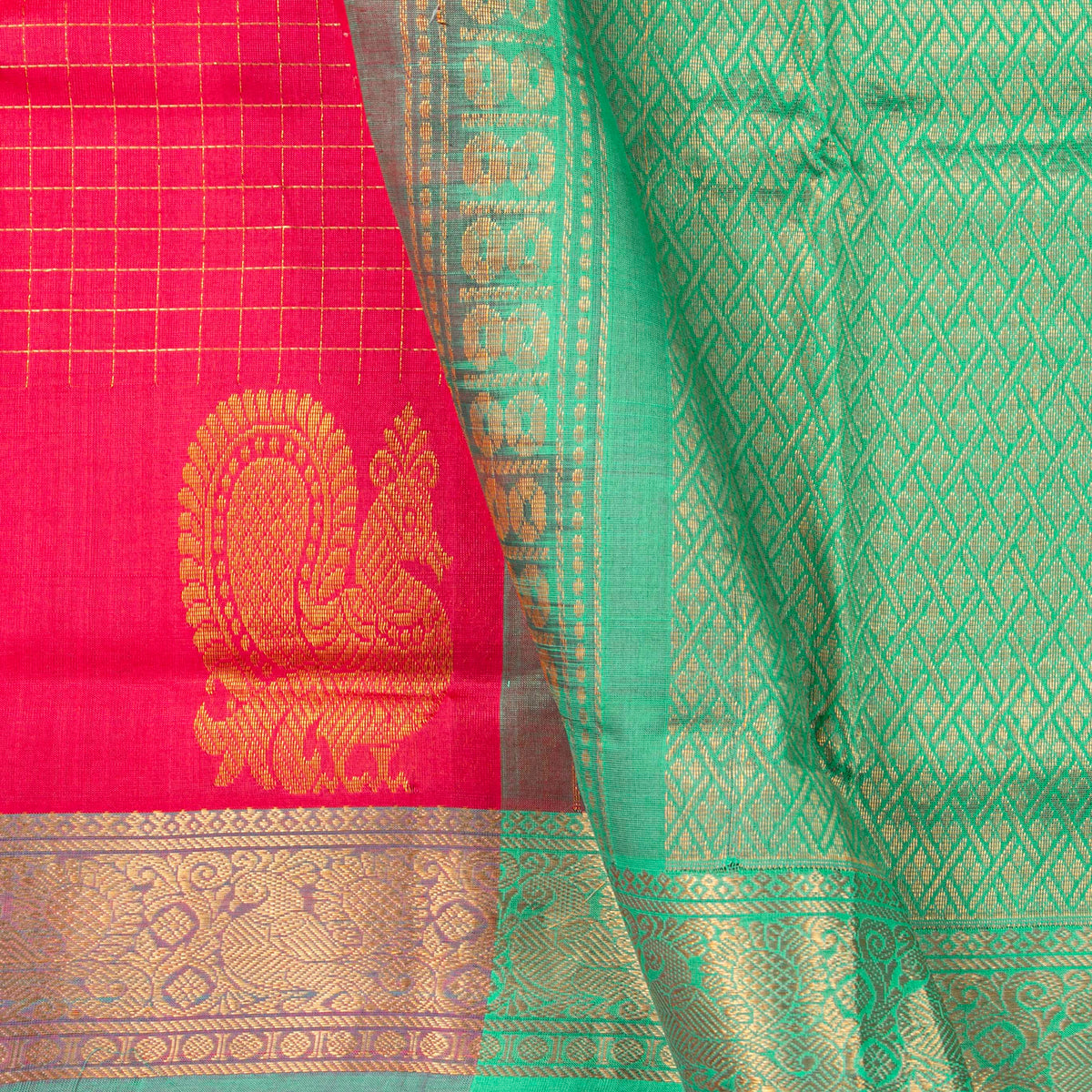 Pink And Sea Green Kanchi Silk Cotton Saree For Festive Wear VP SC 218