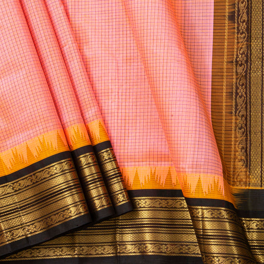 Pink And Brown Kanchi Silk Cotton Saree For Festive Wear VP SC 206