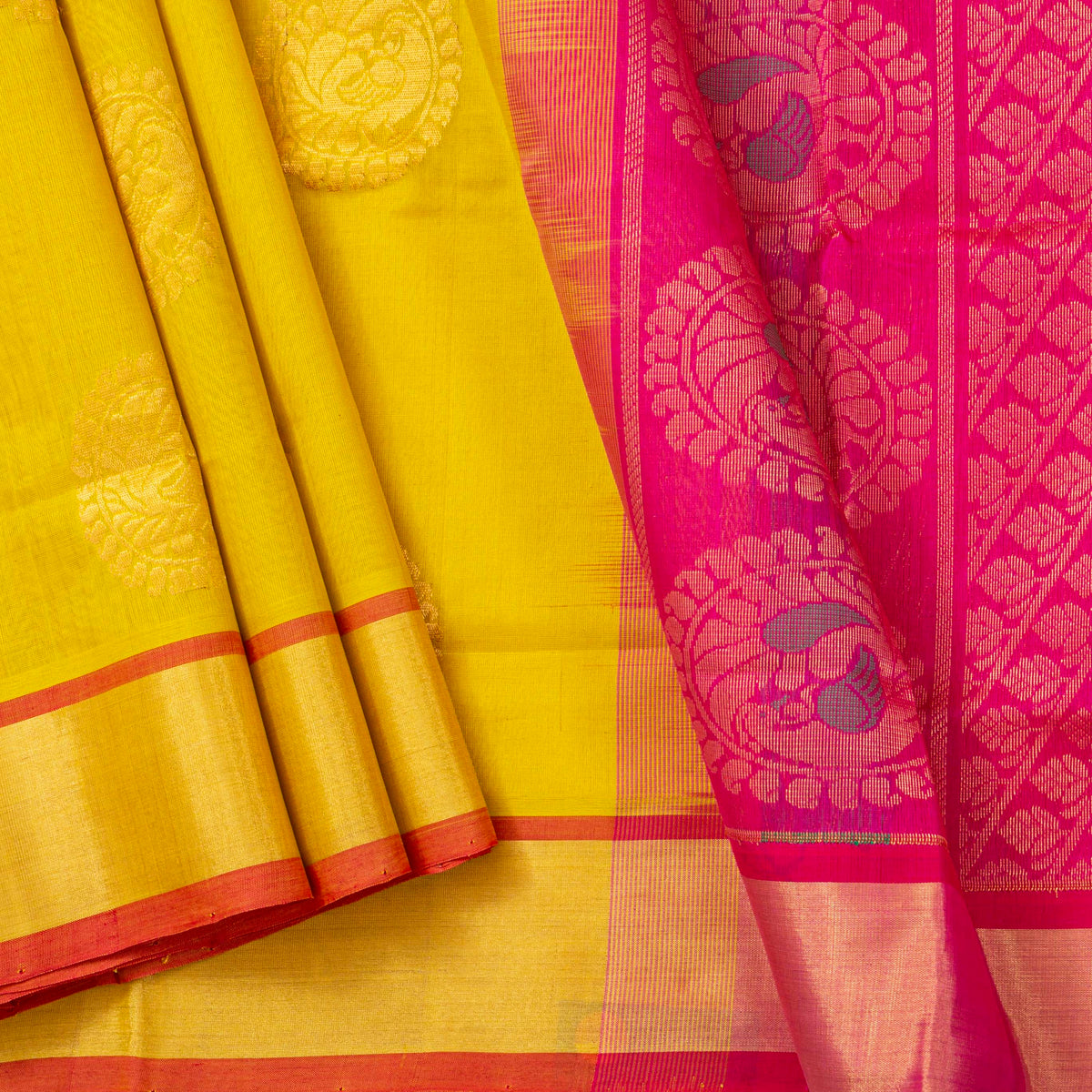 Yellow And Pink Kanchi Silk Cotton Saree For Festive Wear VP SC 261