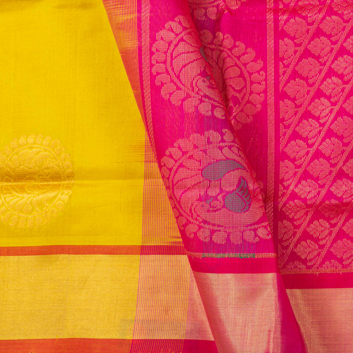 Yellow And Pink Kanchi Silk Cotton Saree For Festive Wear VP SC 261