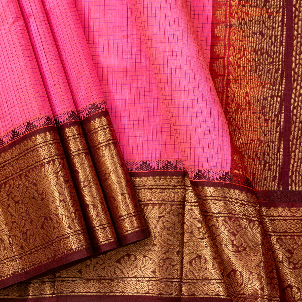Pink And Brown Kanchi Silk Cotton Saree For Festive Wear VP SC 233