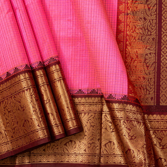 Pink And Brown Kanchi Silk Cotton Saree For Festive Wear VP SC 233