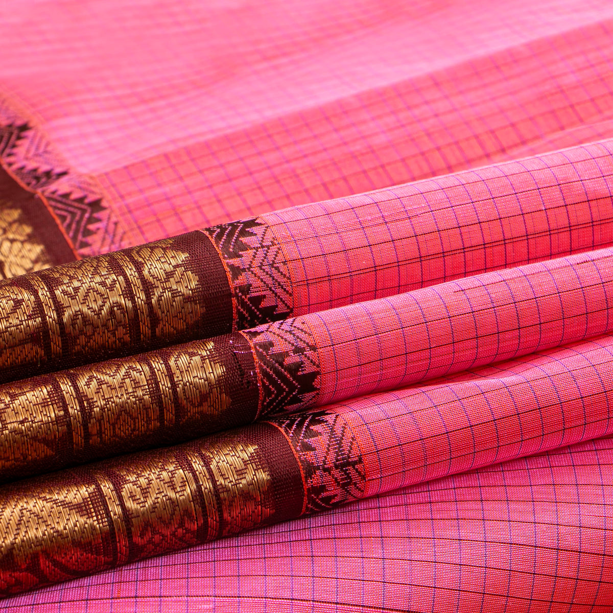 Pink And Brown Kanchi Silk Cotton Saree For Festive Wear VP SC 233