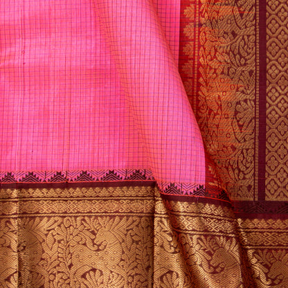 Pink And Brown Kanchi Silk Cotton Saree For Festive Wear VP SC 233