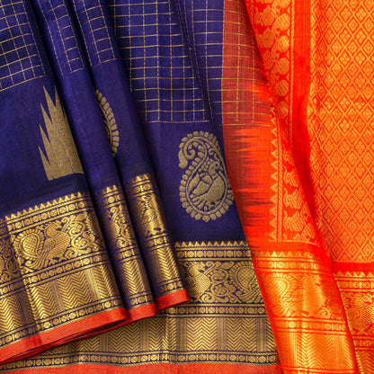 Blue And Orange Kanchi Silk Cotton Saree For Festive Wear VP SC 219