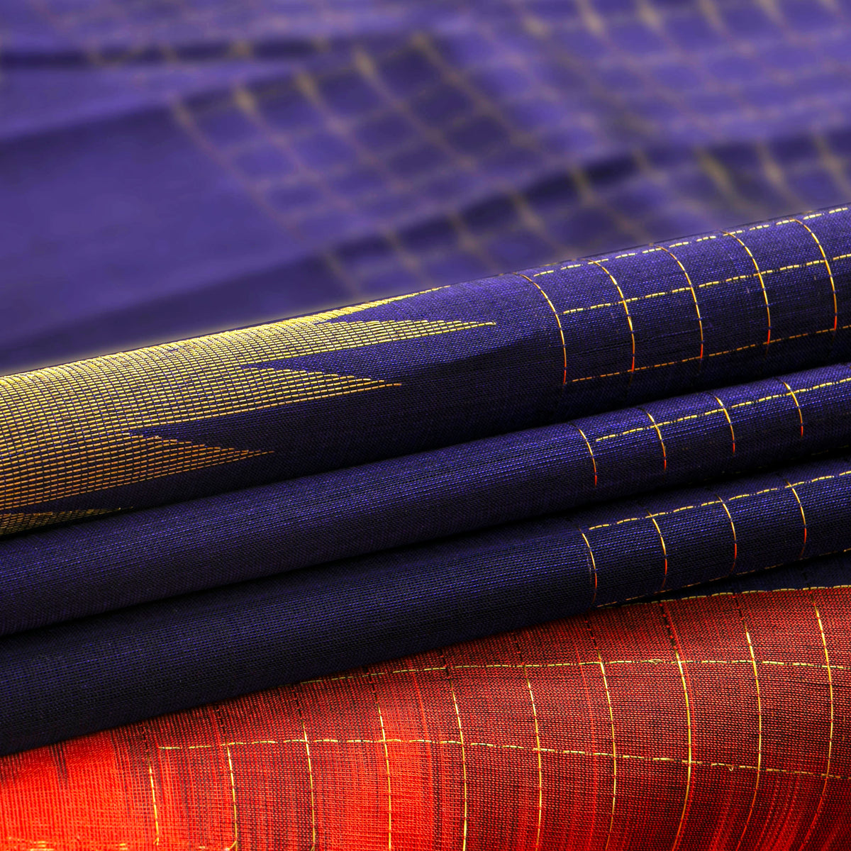Blue And Orange Kanchi Silk Cotton Saree For Festive Wear VP SC 219