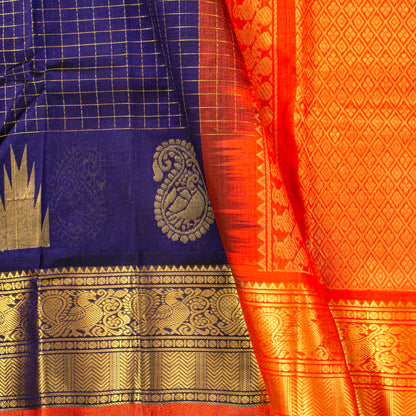 Blue And Orange Kanchi Silk Cotton Saree For Festive Wear VP SC 219