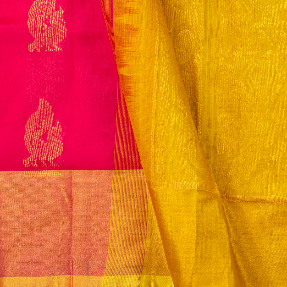Pink And Yellow Kanchi Silk Cotton Saree For Festive Wear VP SC 184