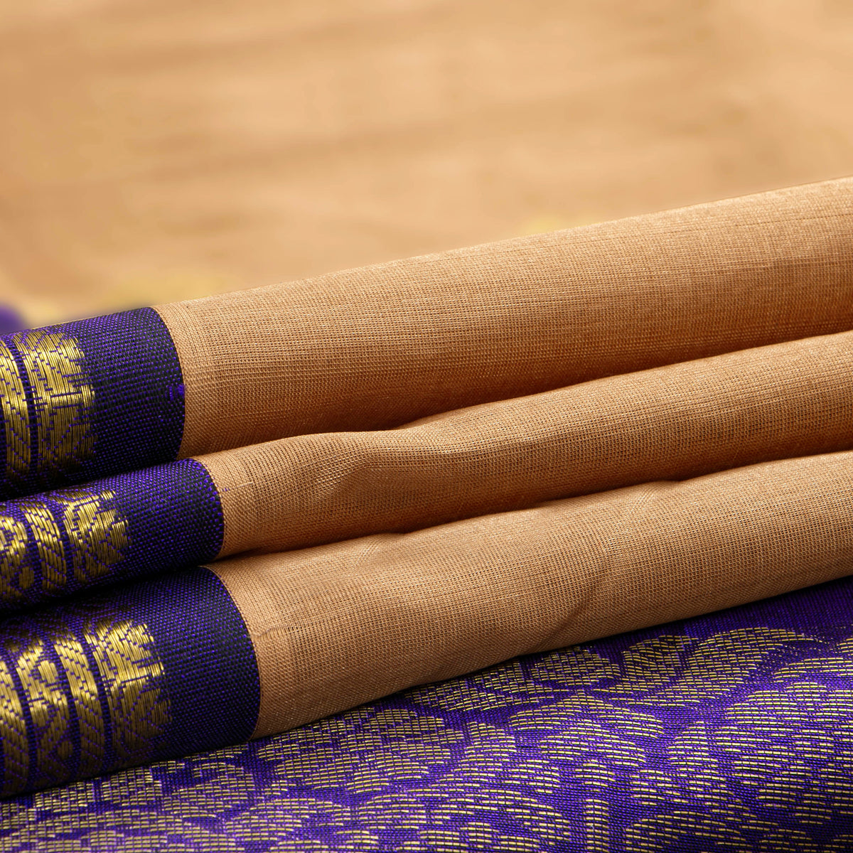 Fawn And Violet Kanchi Silk Cotton Saree For Festive Wear VP SC 276
