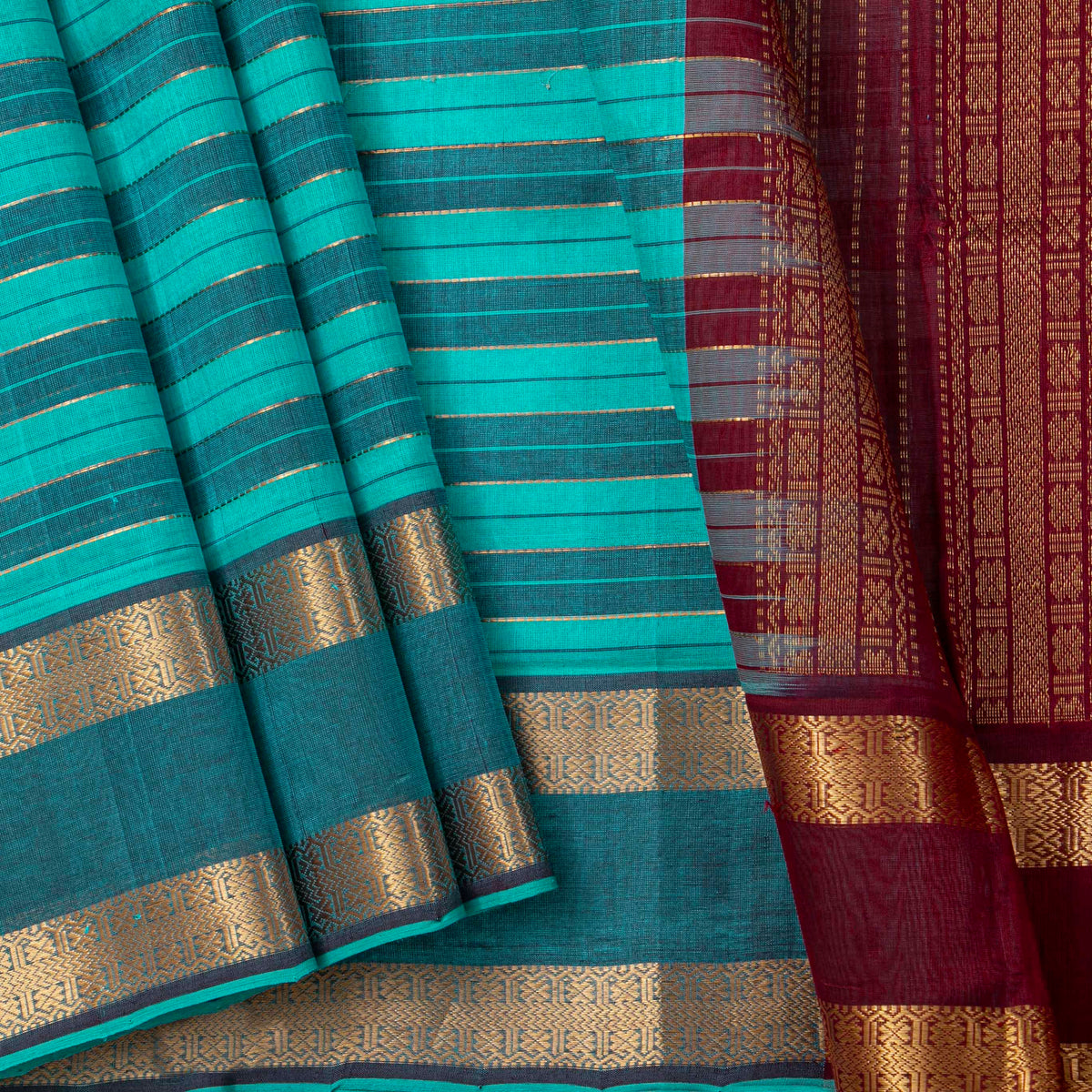 Blue And Maroon Kanchi Silk Cotton Saree For Festive Wear VP SC 267