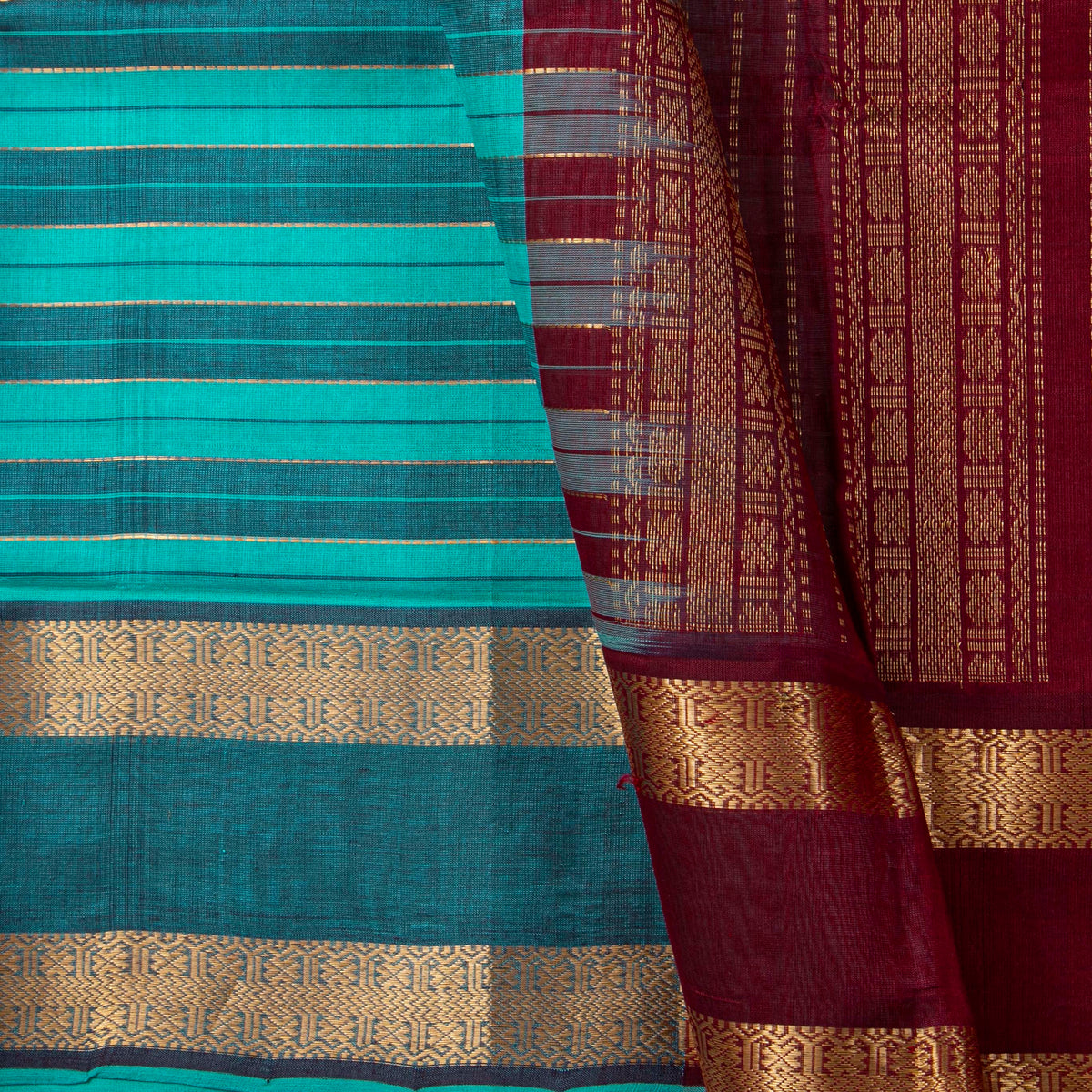 Blue And Maroon Kanchi Silk Cotton Saree For Festive Wear VP SC 267