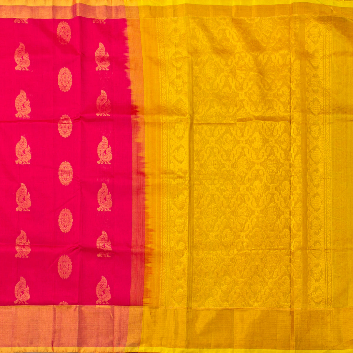 Pink And Yellow Kanchi Silk Cotton Saree For Festive Wear VP SC 184